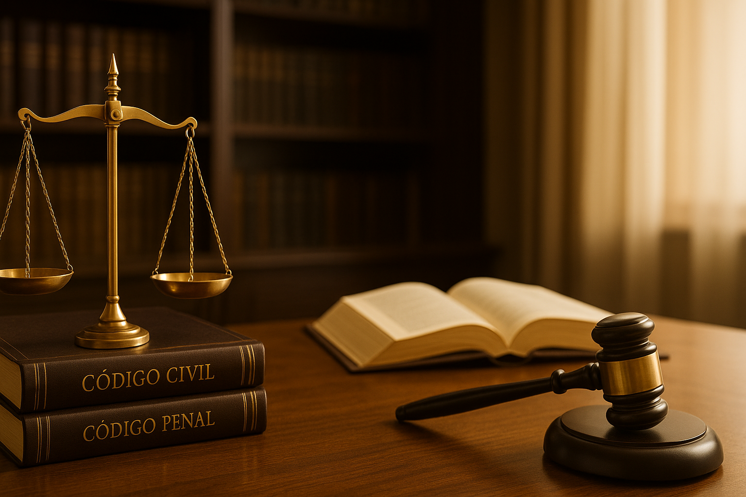 Mesa de trabalho jurídica com códigos e balança da justiça